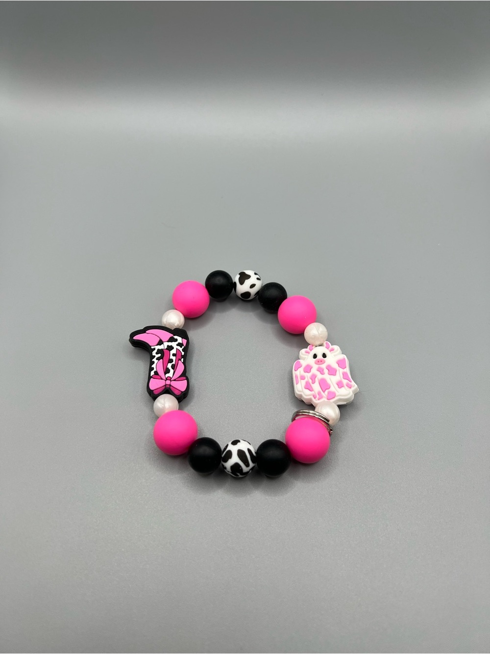 Pink, Black & White Beaded Keychain Bracelet - Handmade - K0160C
